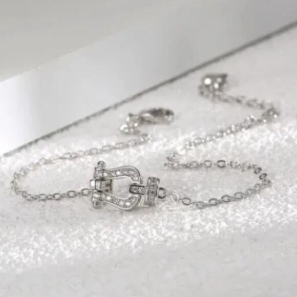 Sterling Silver Horseshoe Zircon Bracelet Chain Link Snaffle Stirrup D Ring - Picture 2 of 7